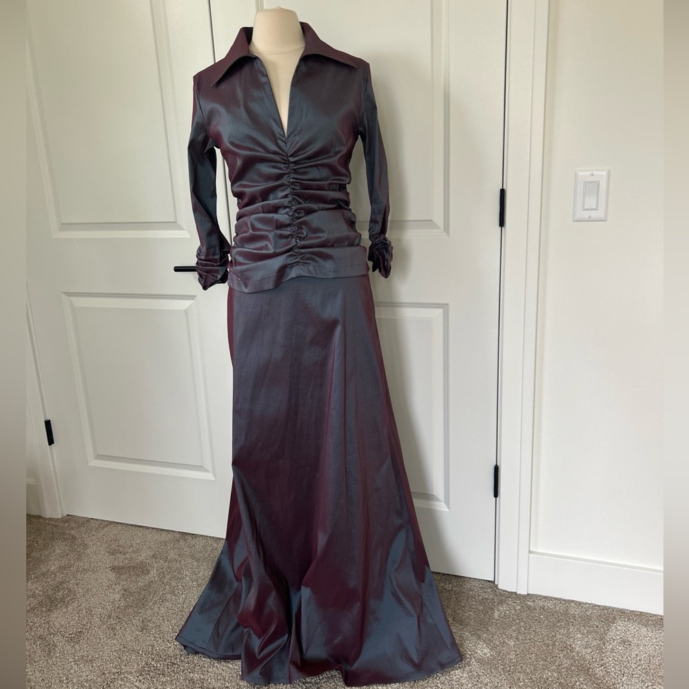 TADASHI COLLECTION Top sz 10 Maxi Skirt sz 12 Outfit Dress Iridescent Blue Plum